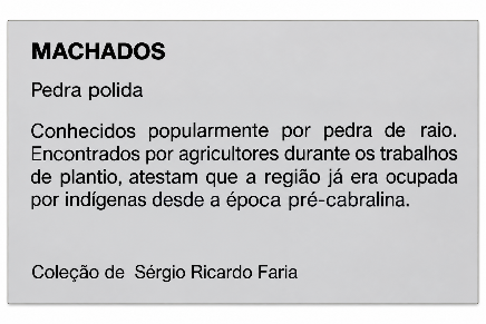 MACHADOS Pedra polida Conhecidos popularmente por pedra de raio. Encontrados por agricultores durante os trabalhos de plantio, atestam que a região já era ocupada por indígenas desde a época pré-cabralina. Coleção de Sérgio Ricardo Faria